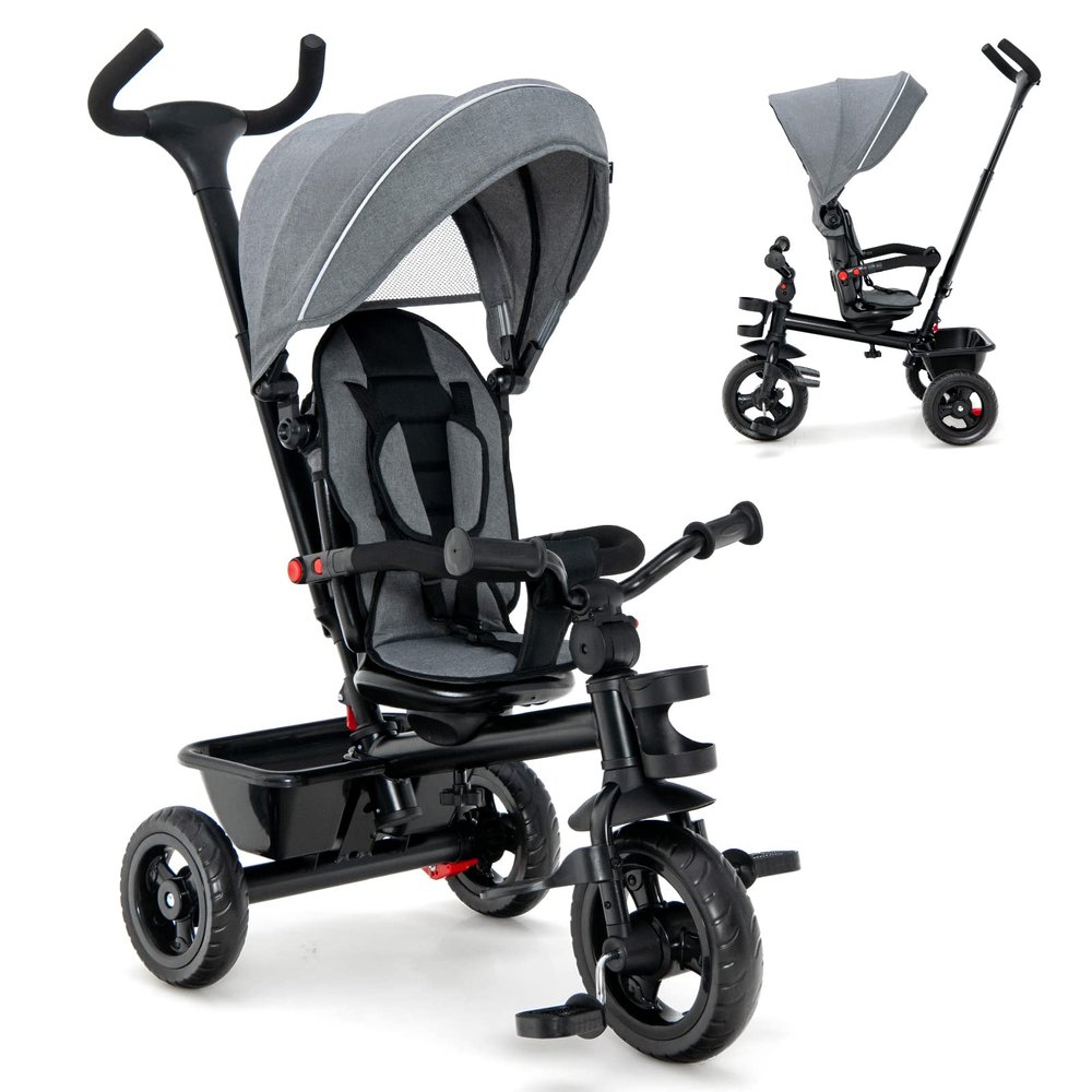 HONEY JOY Tricycle, 5-in-1 Baby Trike Stroller w/Adjustable Push Handle & Canopy, Reversible Seat, EVA Wheels Cup Holder & Storage Basket, Push Tricycle for Toddlers Age 1.5-5 Year Old (Gray)