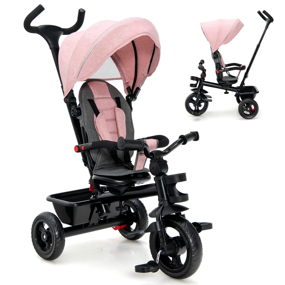 HONEY JOY Tricycle, 5-in-1 Baby Trike Stroller w/Adjustable Push Handle & Canopy, Reversible Seat, EVA Wheels Cup Holder & Storage Basket, Push Tricycle for Toddlers Age 1.5-5 Year Old (Pink)