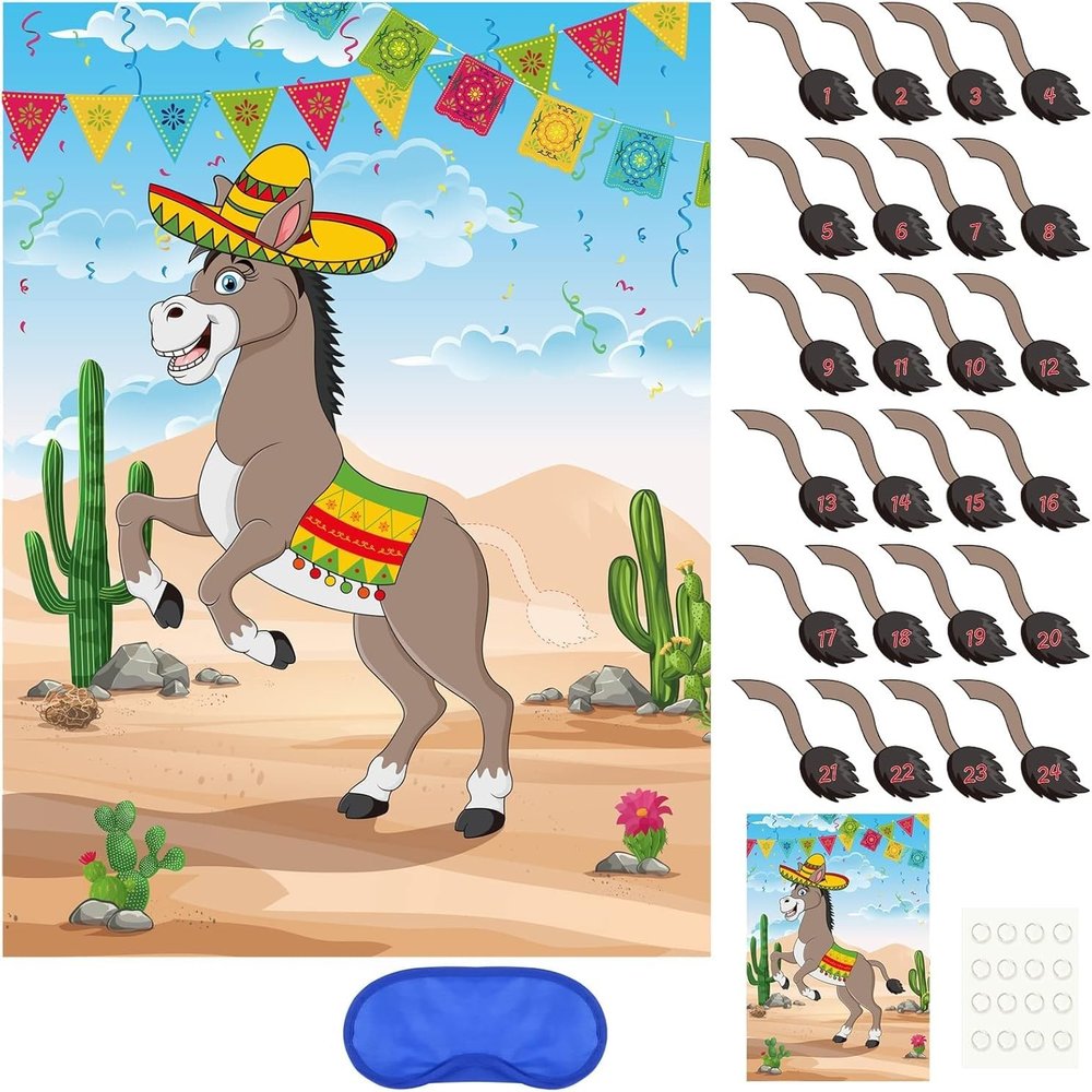 PLULON Pin The Tail on The Donkey Birthday Games for Kids Mexican Donkey Game Poster with Tail Stickers Donkey Party Favors Carnival Birthday Fiesta Home Wall Decor Classroom Family Activities