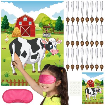 PLULON Pin The Tail on The Cow Game - Cow Farm Themed Animal Birthday Party Game with Tail Stickers for Kids Farm Animal Party Favors