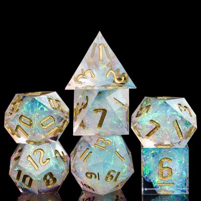 Cusdie Sharp Edges DND Dice, 7 PCs D&D Dice, Handcrafted Polyhedral Dice Set, for Role Playing Game Pathfinder (Transparent w/White Sparkle)
