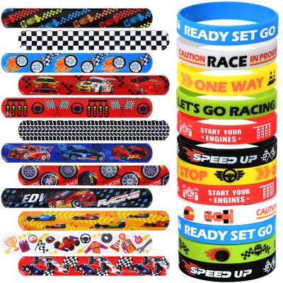 Lorfancy 48 PCS Race Cars Party Favors Slap Bracelets for Kids Boys Rubber Bracelets Silicone Wristbands Checkered Flags Car Racing Games Birthday Party Supplies Decorations