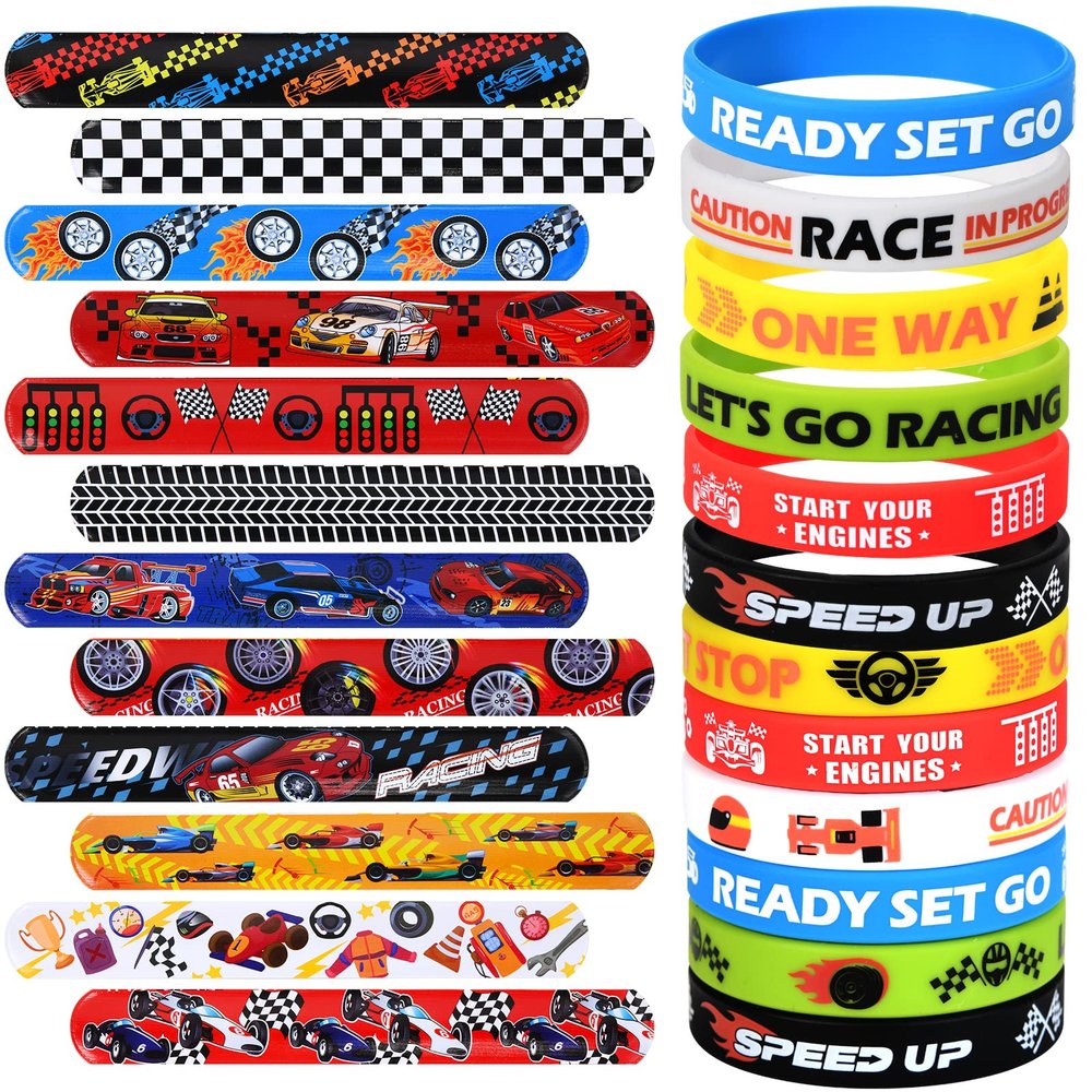 Lorfancy 48 PCS Race Cars Party Favors Slap Bracelets for Kids Boys Rubber Bracelets Silicone Wristbands Checkered Flags Car Racing Games Birthday Party Supplies Decorations