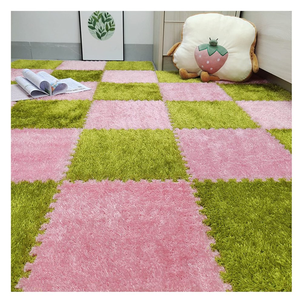 10Pcs Interlocking Foam Playmats, Soft Plush Floor Tile Mats with Borders, Puzzle Carpet Mat for Crawling Playmat Yoga, 12" X 12",Green+Pink