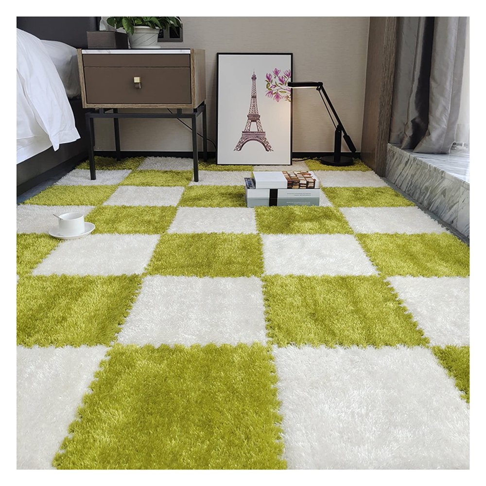 10Pcs Interlocking Foam Playmats, Soft Plush Floor Tile Mats with Borders, Puzzle Carpet Mat for Crawling Playmat Yoga, 12" X 12",Green+White