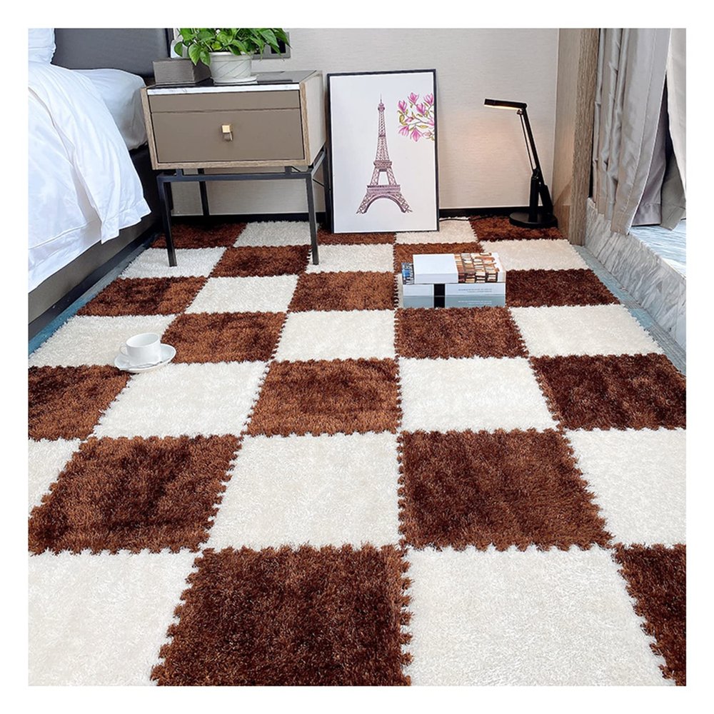10Pcs Interlocking Foam Playmats, Soft Plush Floor Tile Mats with Borders, Puzzle Carpet Mat for Crawling Playmat Yoga, 12" X 12",Dark Coffee+White