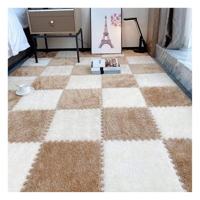 10Pcs Interlocking Foam Playmats, Soft Plush Floor Tile Mats with Borders, Puzzle Carpet Mat for Crawling Playmat Yoga, 12" X 12",Light Coffee+White
