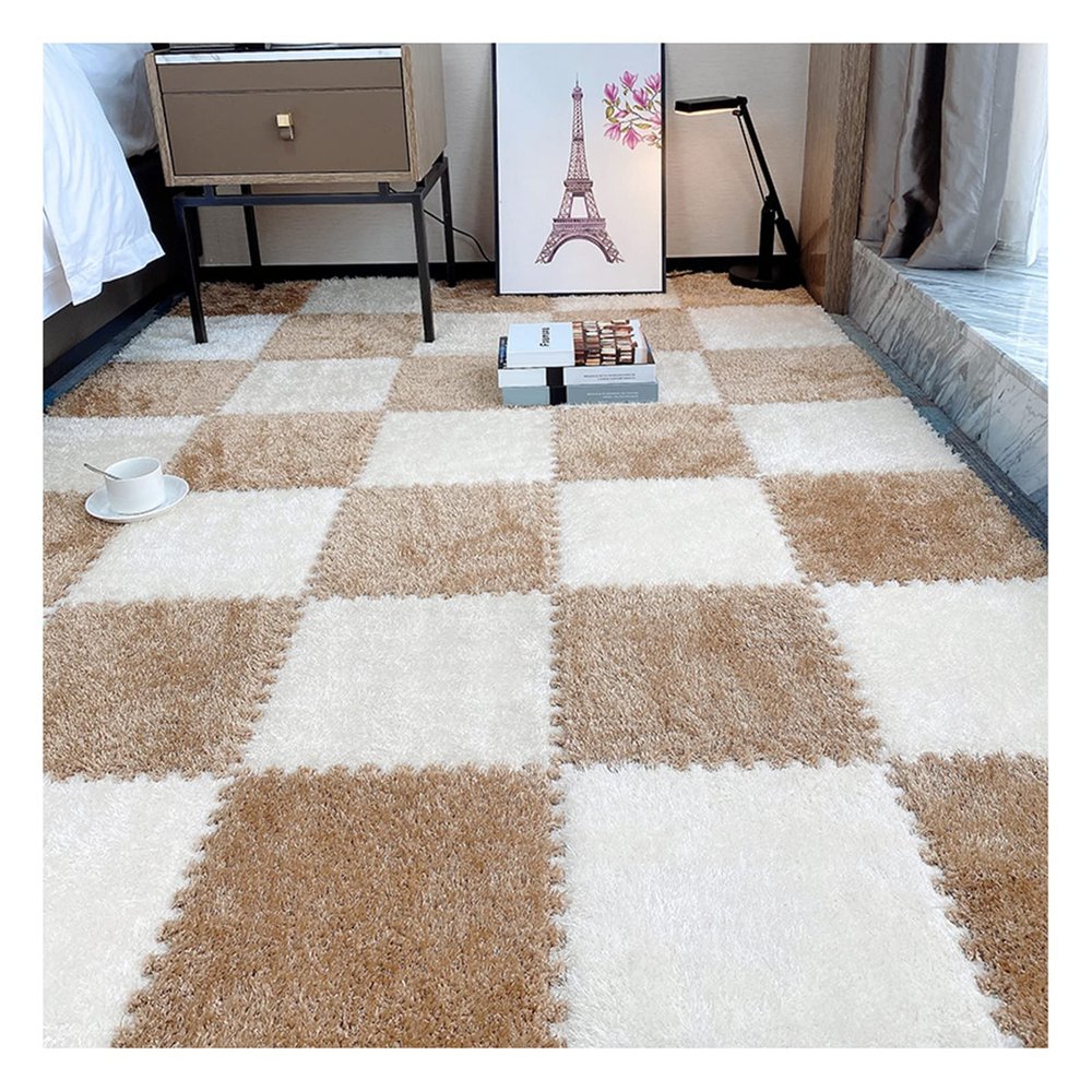 10Pcs Interlocking Foam Playmats, Soft Plush Floor Tile Mats with Borders, Puzzle Carpet Mat for Crawling Playmat Yoga, 12" X 12",Light Coffee+White