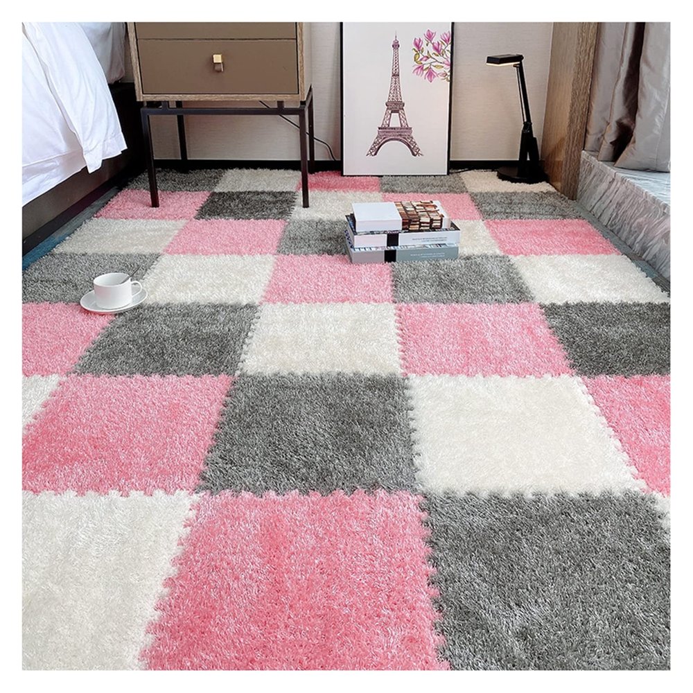 10Pcs Interlocking Foam Playmats, Soft Plush Floor Tile Mats with Borders, Puzzle Carpet Mat for Crawling Playmat Yoga, 12" X 12",Grey+Pink+White