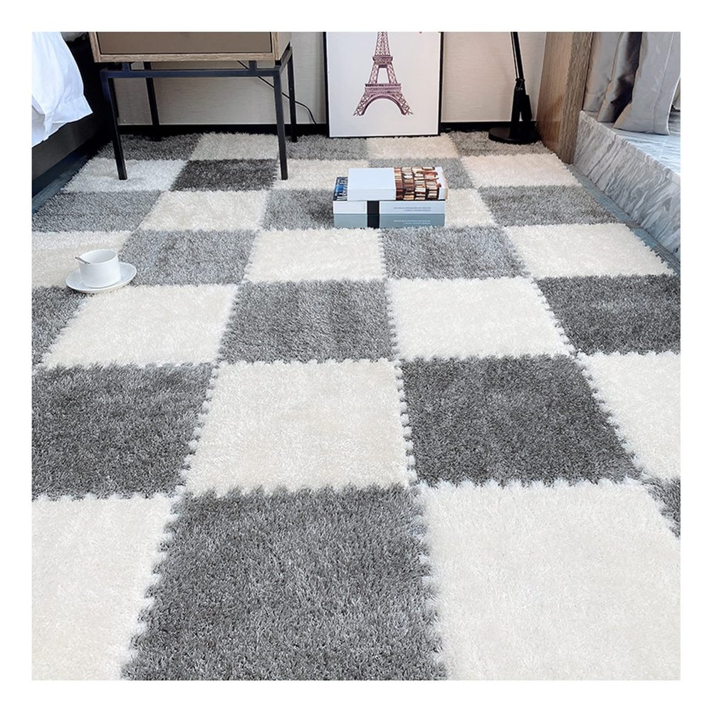 10Pcs Interlocking Foam Playmats, Soft Plush Floor Tile Mats with Borders, Puzzle Carpet Mat for Crawling Playmat Yoga, 12" X 12",Grey+White