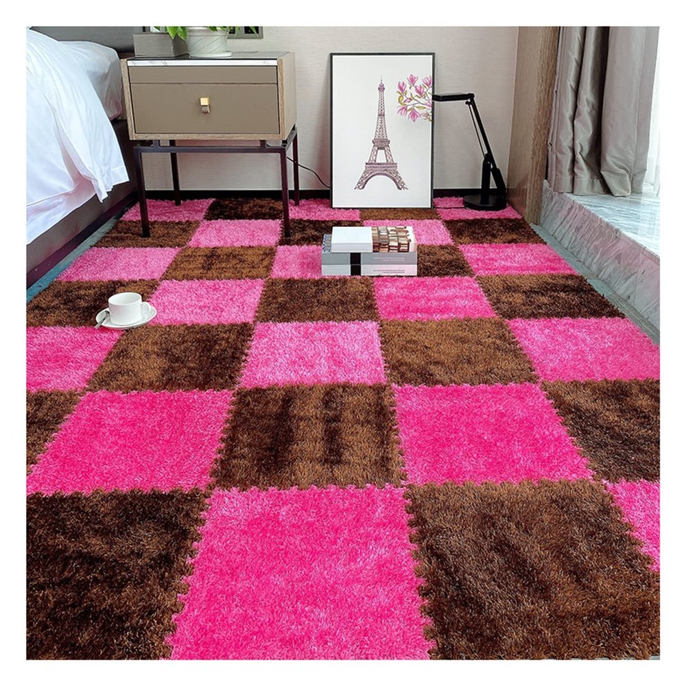 10Pcs Interlocking Foam Playmats, Soft Plush Floor Tile Mats with Borders, Puzzle Carpet Mat for Crawling Playmat Yoga, 12" X 12",Dark Coffee+Rose