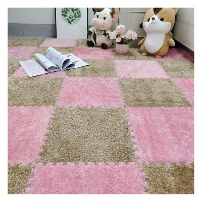 10Pcs Interlocking Foam Playmats, Soft Plush Floor Tile Mats with Borders, Puzzle Carpet Mat for Crawling Playmat Yoga, 12" X 12",Light Coffee+Pink