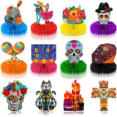 12 Pieces Day of the Dead Honeycomb Centerpieces,Dia De Los Muertos Table Decorations Sugar Skull Party Table Topper Cutout for Halloween Mexican Theme Party Favors Supplies