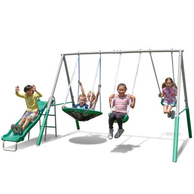 Sportspower Northridge Metal Swing Set, 500 lb Capacity, 32" Saucer, 2 Blow-Molded Swings & 5ft Slide, Durable 6ft Frame, Outdoor Backyard Playset for Kids Aged 38
