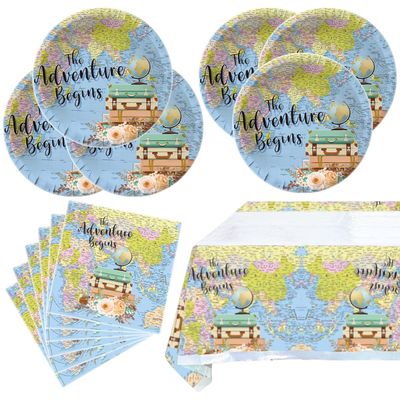 Adventure World Awaits Map Party Tableware,20 Plates and 20 Napkins and Tablecloth71 '' x 42 ''Travel Retirement Adventure World Party Decorate Supplies