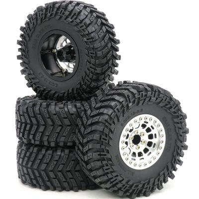 HOBBYSOUL 2.2 Tires Height 5.0'' (with Foam) & 2.2 Beadlock Wheels Silver for RC Mud Crawler Trail Gen8 Everest gen 7 Pro/Axial Capra Wraith / TRX4, (4-Pack, Assembled)