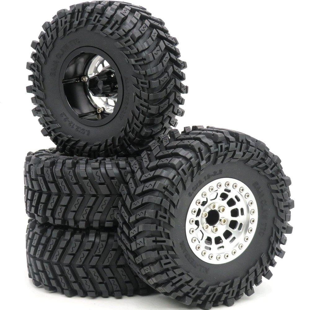 HOBBYSOUL 2.2 Tires Height 5.0'' (with Foam) & 2.2 Beadlock Wheels Silver for RC Mud Crawler Trail Gen8 Everest gen 7 Pro/Axial Capra Wraith / TRX4, (4-Pack, Assembled)