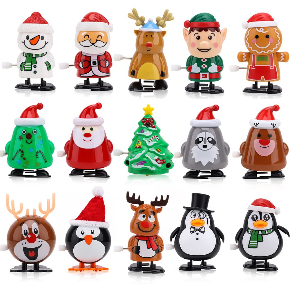 EEOCWF 15pcs Christmas Wind Up Toys for Kids, Christmas Stocking Stuffers, Xmas Tree Santa Claus Clockwork Chain Toy, Classroom Prizes Birthday Gifts Kid Christmas Party Favors Goody Bag Fillers