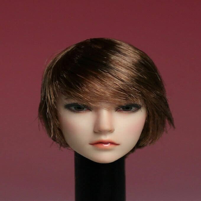 1/6 Scale Female Head Sculpt, Asian Girl Short Brown Hair Head Carved for 12'' Seamless Action Figure Body Doll Collection (A)