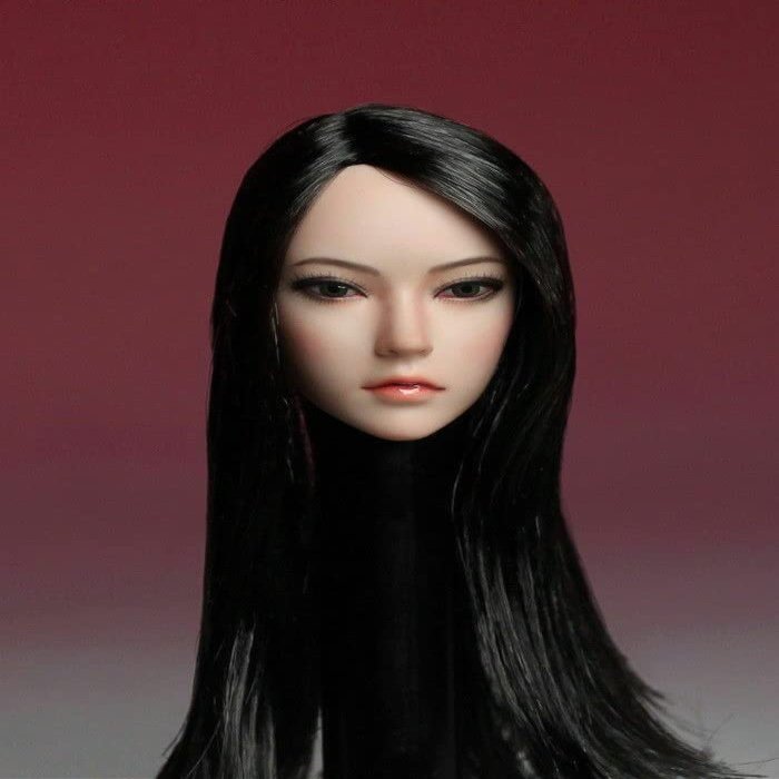 1/6 Scale Female Head Sculpt, Asian Girl Black Hair Head Carved for 12'' Seamless Action Figure Body Doll Collection (B)