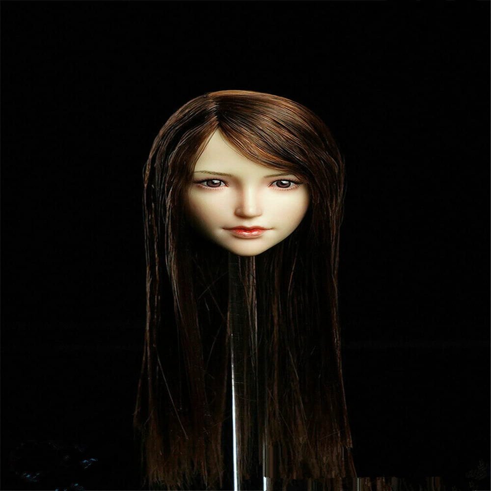 1/6 Scale Female Head Sculpt, Asian Girl Brown Straight Hair Head Carved for 12'' Seamless Action Figure Body Doll Collection (E)