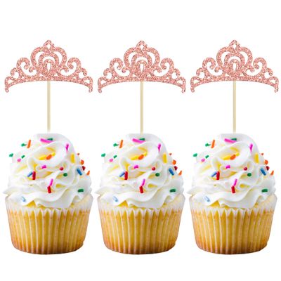 Gyufise 24Pcs Rose Gold Princess Crown Cupcake Toppers Glitter Princess Cake Pick Decorations for Wedding Girl Birthday Baby Shower Party Decorations