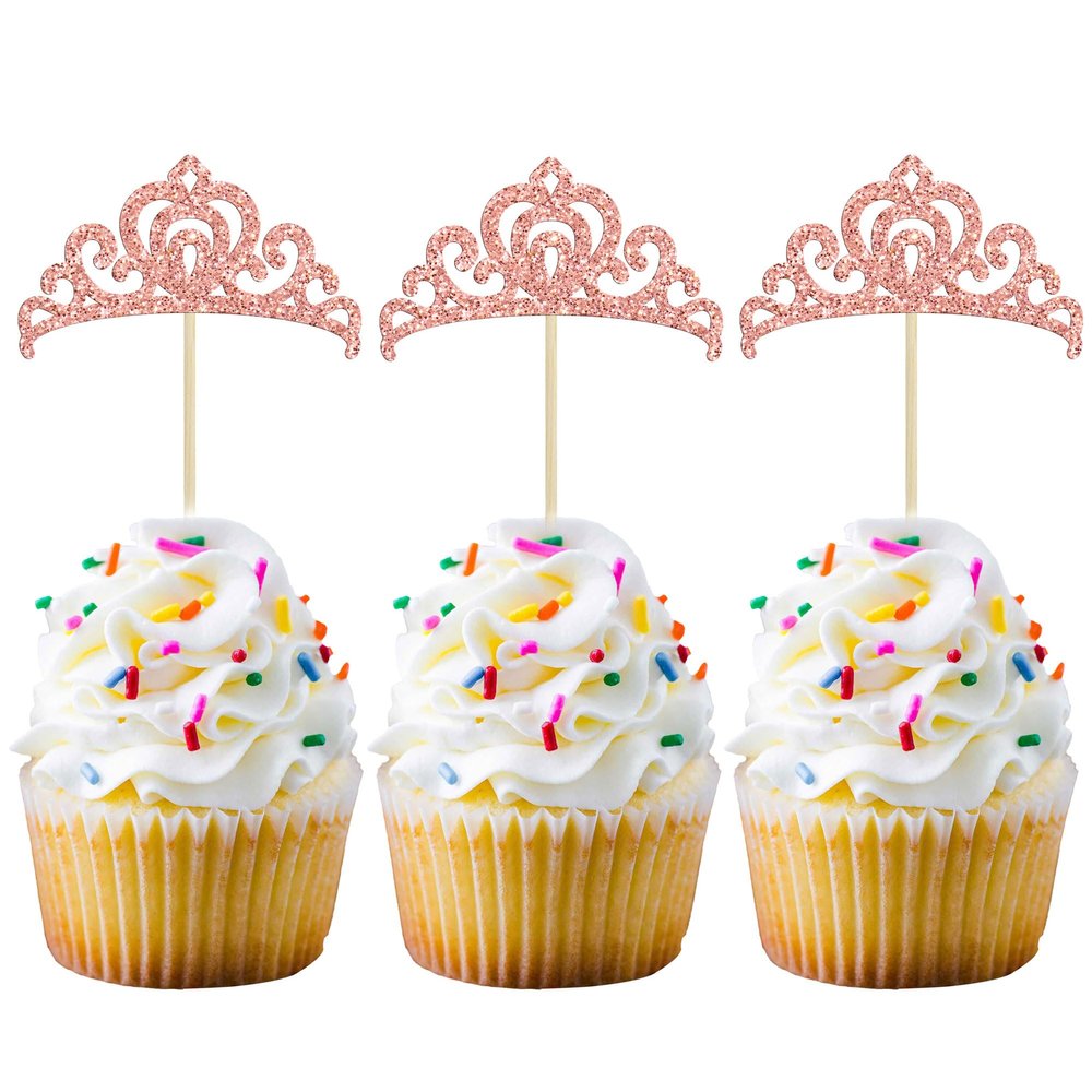 Gyufise 24Pcs Rose Gold Princess Crown Cupcake Toppers Glitter Princess Cake Pick Decorations for Wedding Girl Birthday Baby Shower Party Decorations