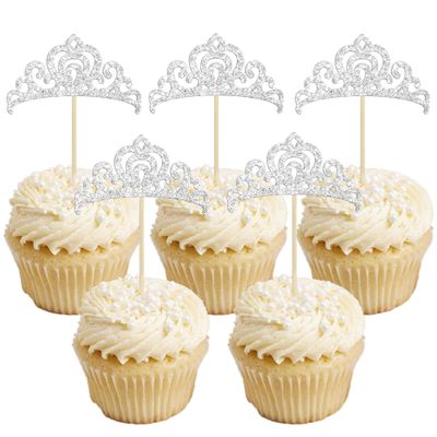 Gyufise 24Pcs Silver Princess Crown Cupcake Toppers Glitter Princess Cake Pick Decorations for Wedding Girl Birthday Baby Shower Party Decorations