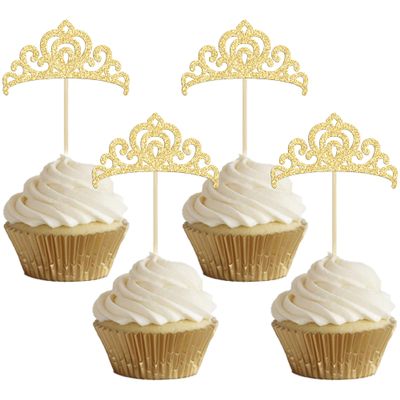 Gyufise 24Pcs Gold Princess Crown Cupcake Toppers Glitter Princess Cake Pick Decorations for Wedding Girl Birthday Baby Shower Party Decorations