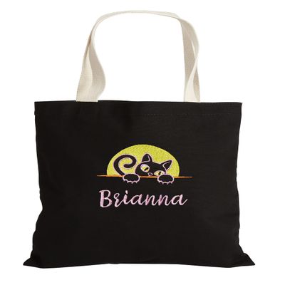 Personalization Universe Embroidered Black Cat Halloween Tote Bag, Customizable with Name, 100% Cotton, Ideal for Trick or Treat