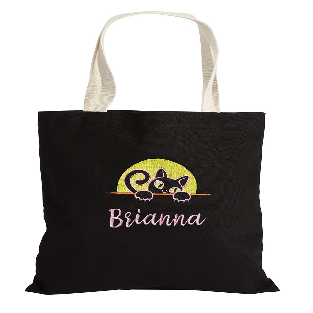 Personalization Universe Embroidered Black Cat Halloween Tote Bag, Customizable with Name, 100% Cotton, Ideal for Trick or Treat
