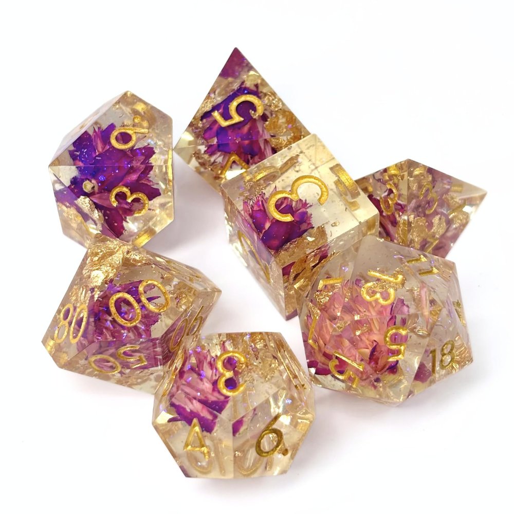Sages Portal Enchanted Flowers DND Dice Set Resin Sharp Edge Polyhedral Dice for Dungeons and Dragons Pathfinder TTRPG (Purple Flower)