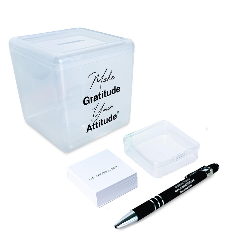 PUZZLED2020 Gratitude Bank with Meditation Music, Pen, 50 Grateful Cards. A Self-Care Gift for Peace of Mind, Positive Thinking, Memory and Mental Wellness in 1minute. (Frost)