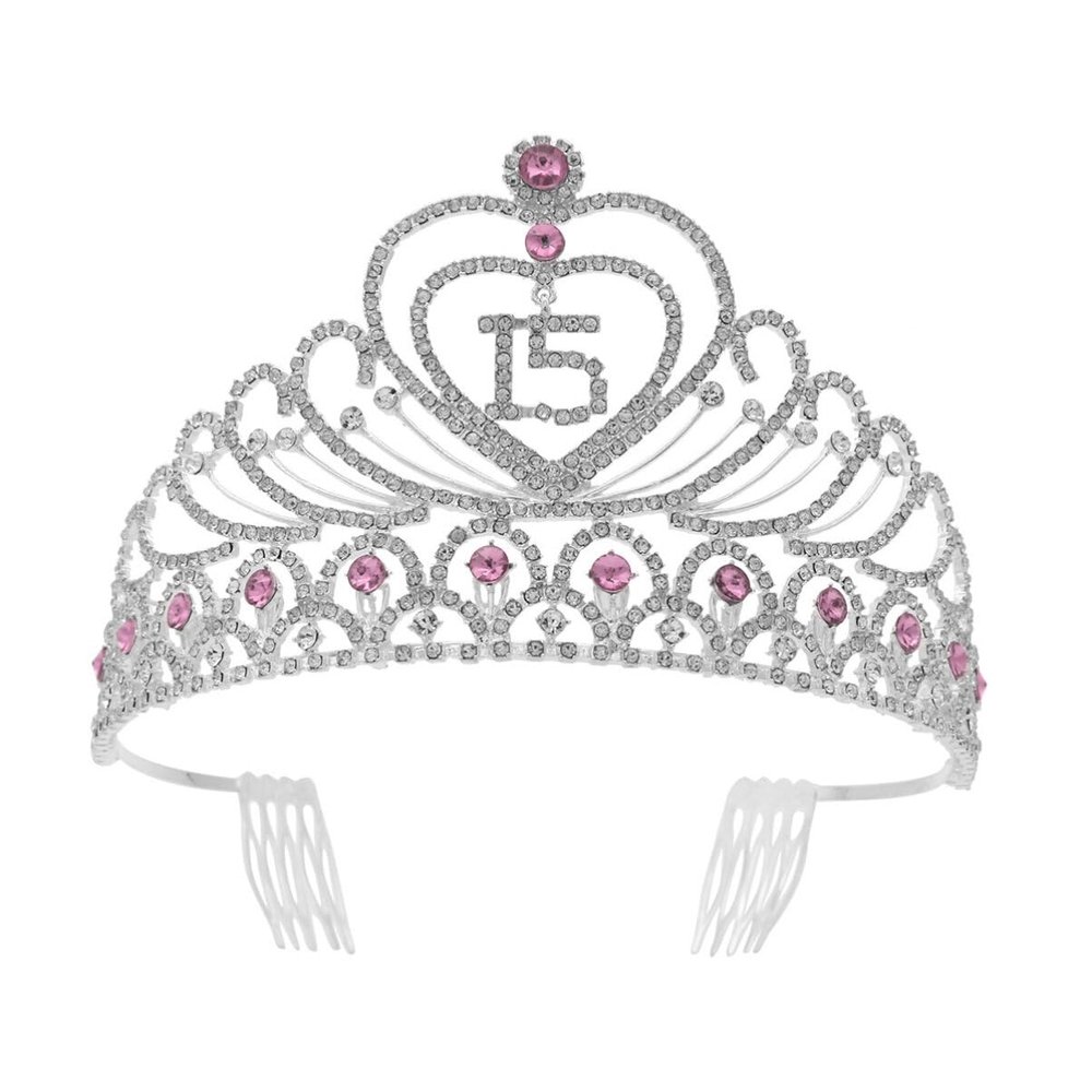 KALLORY Birthday Party Rhinestone Tiara Crown Headband Sweet 15 Birthday Accessories Girls Quinceanera Hairpiece 6.69X5.51X3.54In