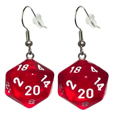 d20 Dice Earrings Translucent (5 Color Options) - Hook with Earnuts (Red)