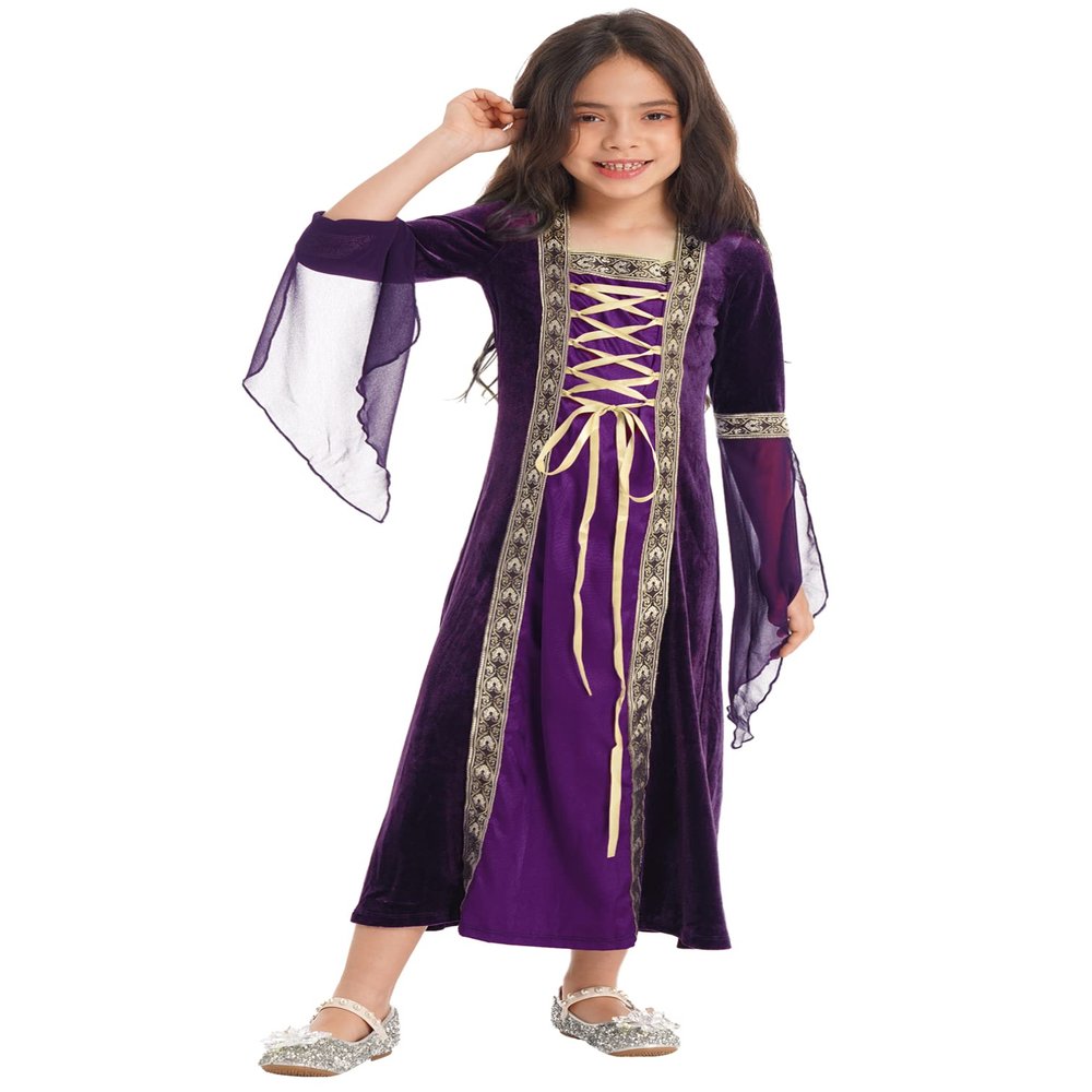 Sywiyi Kids Girls Medieval Princess Costume Retro Gown Dress Renaissance Robe for Halloween Cosplay Dress Up Purple 16 Years