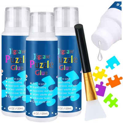 3PCS Jigsaw Puzzle Glue with Sponge Head, Clear Water Soluble Craft Puzzle Protect Glue for 3000/3500/5000 Pieces of Puzzle (3 Bottle X 120ML)
