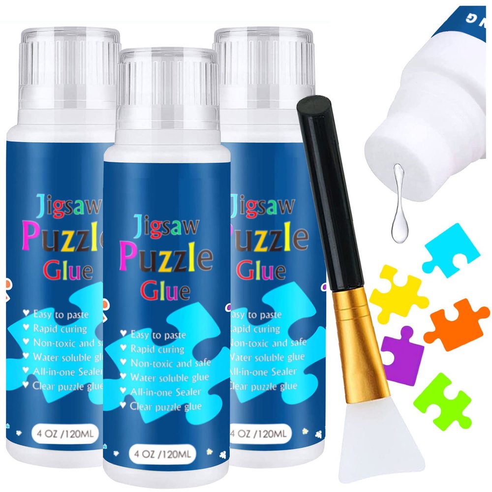 3PCS Jigsaw Puzzle Glue with Sponge Head, Clear Water Soluble Craft Puzzle Protect Glue for 3000/3500/5000 Pieces of Puzzle (3 Bottle X 120ML)