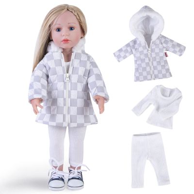 Rakki Dolli Doll Clothes 3 Pc. Set Grey-White Plaid Hooded Thick Coat with Long Sleeve Doll Outfit Fits for 18" American Girl Dolls (Doll & Shoes not Included)