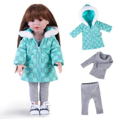 Rakki Dolli Doll Clothes 3 Pc. Set Blue Grey Plaid Hooded Thick Coat Suit Checkerboard Jacket with Long Sleeve, Warm Doll Outfit Hoodie Snowsuit Fits for 18" Dolls (Doll & Shoes not Included)