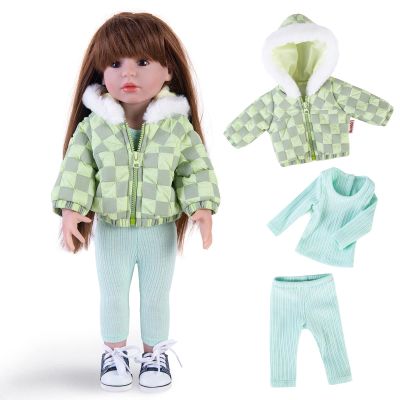Rakki Dolli Doll Clothes 3 Pc. Set Light Green Grey Plaid Hooded Thick Coat Checkerboard Jacket with Long Sleeve, Warm Doll Outfit Hoodie Snowsuit Fits for 18" Dolls (Doll & Shoes not Included)