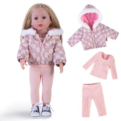 Rakki Dolli Doll Clothes 3 Pc. Set Pink Grey Plaid Hooded Thick Coat Suit Checkerboard Jacket with Long Sleeve, Warm Doll Outfit Hoodie Snowsuit Fits for 18" Dolls (Doll & Shoes not Included)