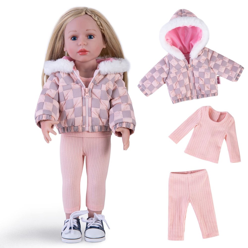 Rakki Dolli Doll Clothes 3 Pc. Set Pink Grey Plaid Hooded Thick Coat Suit Checkerboard Jacket with Long Sleeve, Warm Doll Outfit Hoodie Snowsuit Fits for 18" Dolls (Doll & Shoes not Included)