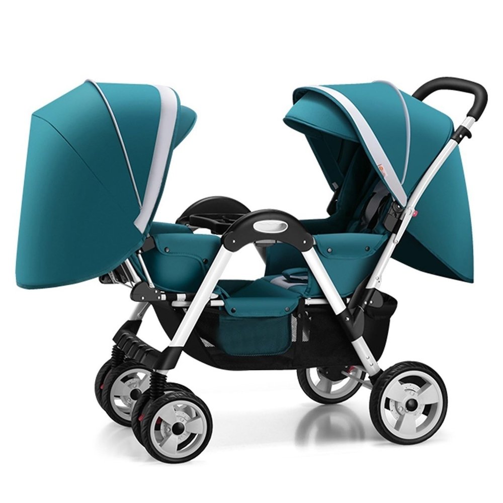 Double Tandem Stroller-Baby Face to Face Foldable Umbrella Stroller for Infant and Toddler,Convertible Reclining Pushchair Stroller,Adjustable Canopy (Color : Green)