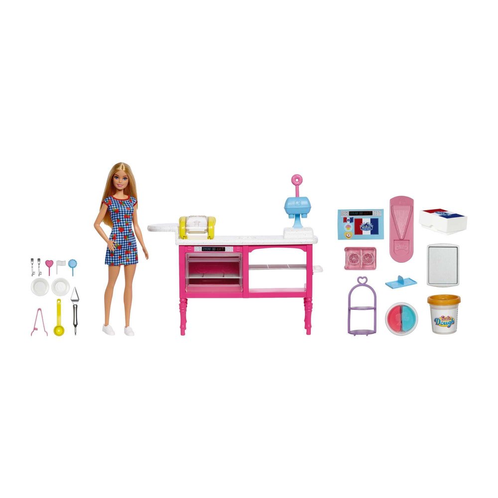Barbie It Takes Two Baking Set with Malibu Doll and 18 Accessories Including Modelling Dough 3 Colours and Moulds, Children's Toy, from 3 Years, HJY19