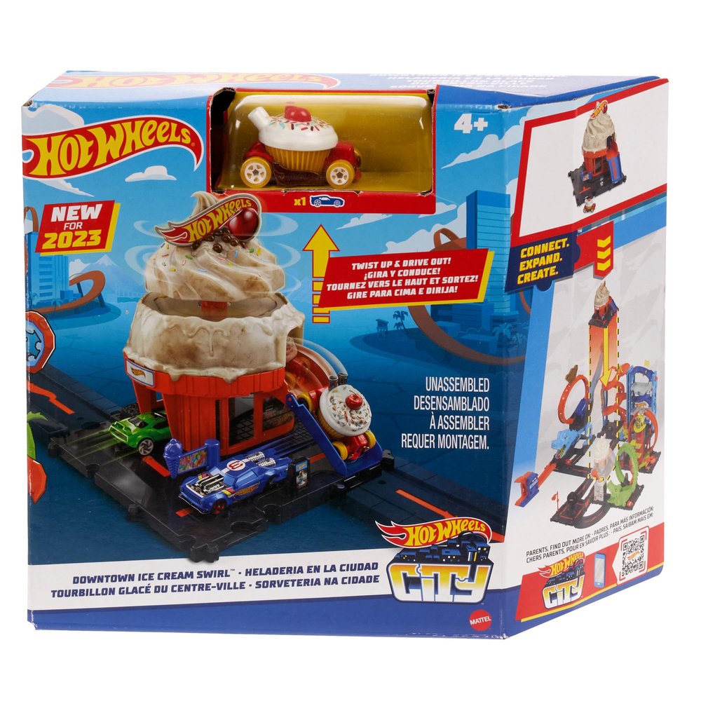 HOT Wheels City Downtown Spielset Eiskrem-Strudel - Rennbahn-Action mit manuellem Aufzug, Eiskrem-Wirbel und herunterklappbarer Rampe, inklusive 1 Hot Wheels Auto, fr Kinder ab 4 Jahren, HKX38