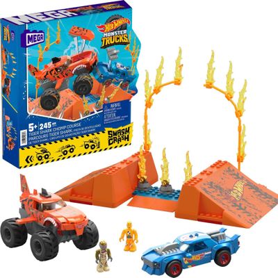 MEGA Hot Wheels Monster Trucks Toy Building Set, Smash & Crash Tiger Shark Chomp Course with 245 Pieces, 2 Micro Figure Drivers, Orange, Age 5+ Years