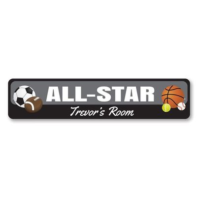 All-Star Sign, Kid Name Room Sign, Custom Sports Lover Game Fanatic Child Athlete Bedroom Aluminum Decor - 3 x 13