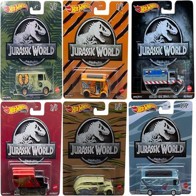 Hot Wheels World Dino Cars Jurassic Dominion Beasts Bundled with Dinosaur Vehicle Premium Cars + Monster Truck / Bus / Van / Off Road + MERC Benz Unit 6-Items, Multi