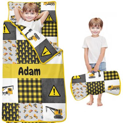 Personalized Constructions Nap Mat Set with Name, Sleeping Bags for Boys, Customized Trucks Toddler Bed Mattress for Kids, Slumber Bags for Preschool, Daycare or Kindergarten, Toddler Sleep Sack